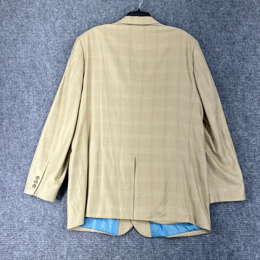 Alan Flusser Worsted Wool‎ Bamboo Plaid Blazer Sport Coat Tan Blue 46L Mens